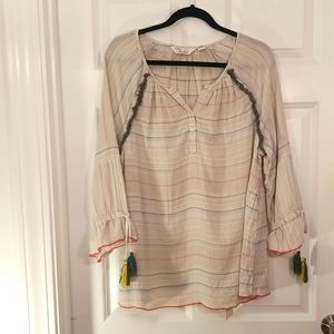 Caffe Marrakesh blouse with pink, blue and green stitching and tassel detail